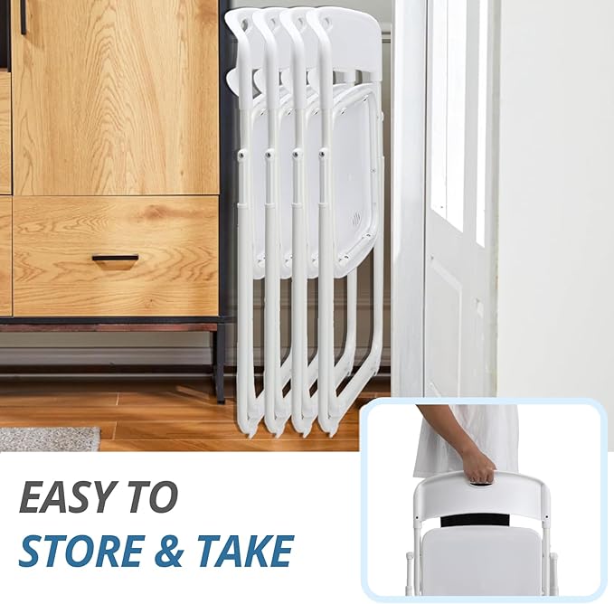 Karl home 4 Pcs Folding Chair, 300LBS Lightweight Foldable Plastic Chair, Reinforced Metal Frame Easy to Fold & Store for Indoor & Outdoor, Wedding, Party, Meeting Room, Patio and Garden, White