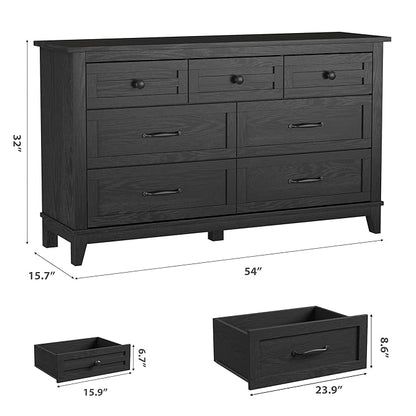 GarveeHome 7 Dresser for Bedroom, 54 in Wide Drawer Dresser with Storage Freestanding, Wooden Closet Storage Chest for Living Room, Bedroom, Entryway, Black
