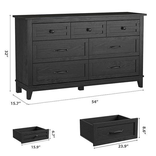 GarveeHome 7 Dresser for Bedroom, 54 in Wide Drawer Dresser with Storage Freestanding, Wooden Closet Storage Chest for Living Room, Bedroom, Entryway, Black
