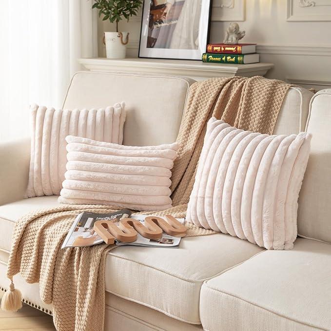 DEELAND Pack of 2,Double-Sided Faux Fur Plush Decorative Throw Pillow Covers Fuzzy Striped Soft Pillowcase Cushion Covers for Sofa Couch Bedroom Beige 12x20 inch