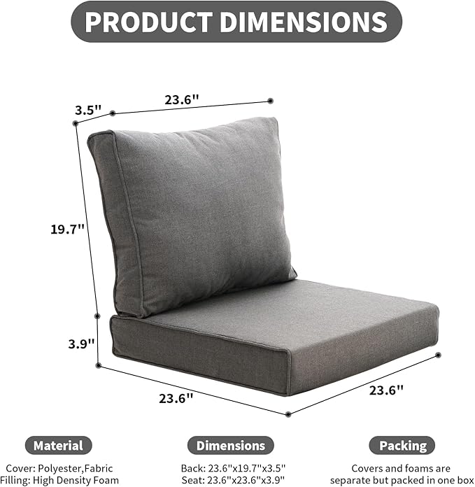Patio Furniture Sofa Cushion Set Outdoor Living Deep Seating Cushions Thick Foam Replacement Cushion,23.6x23.6 Inch,Medium Grey