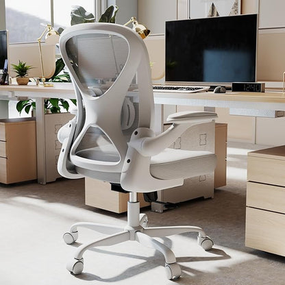 ZZH Ergonomic Office Chair with Adjustable Lumbar Support, Mesh Home Office Desk Chair with Wheels and Flip-up Arms, Grey