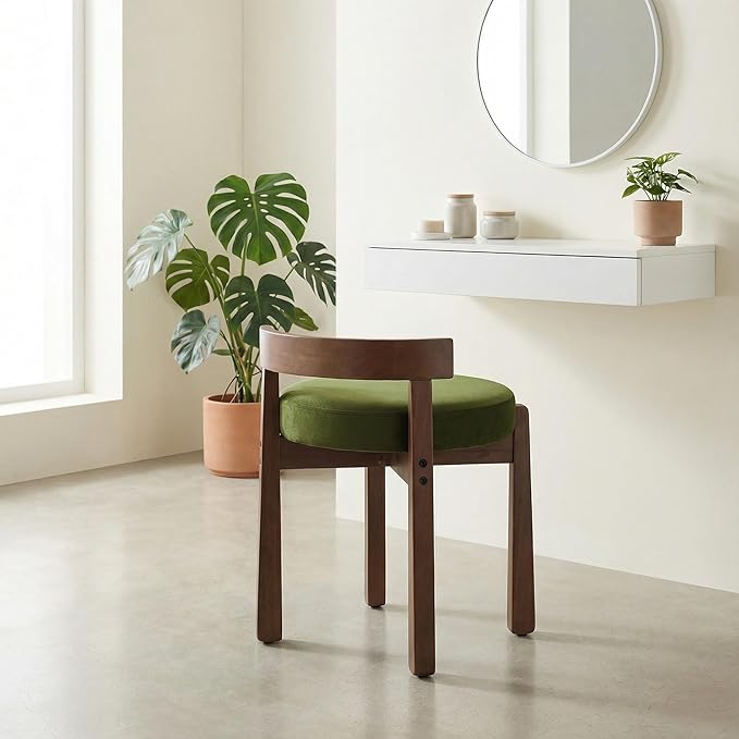 HNY Velvet Makeup Vanity in Vintage Green: Compact Round Ottoman Chair with Wooden Legs, Perfect for Small Spaces Like Entryway, Cloakroom & Boudoir