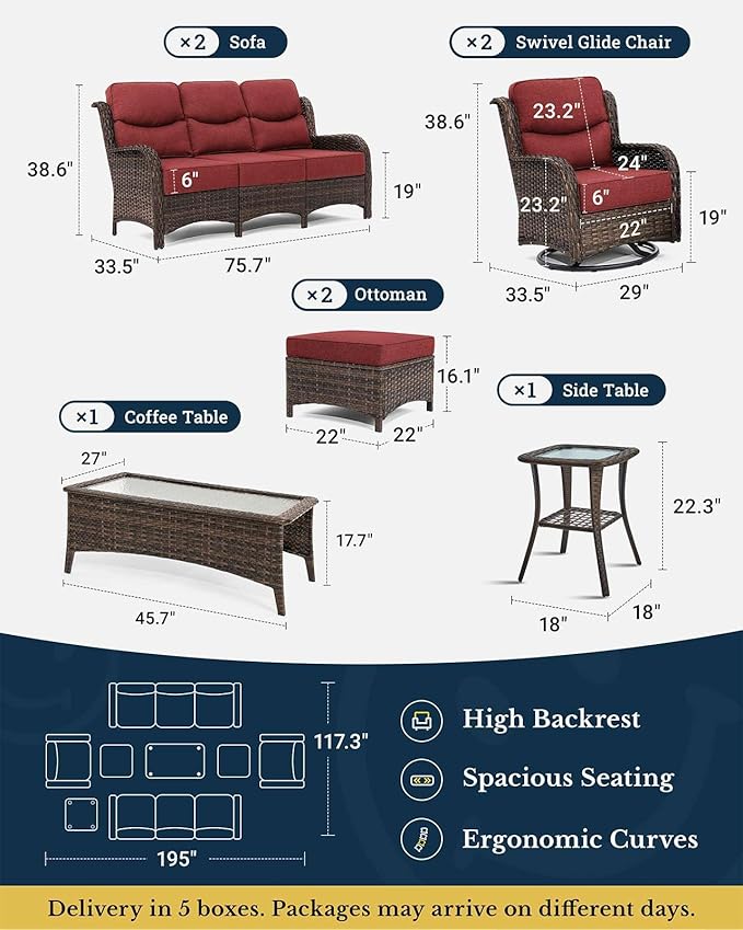 HILLGA Luxury Patio Furniture Set with 6-inch Thick Cushion, Outdoor Couch and High Back Swivel Rocker Patio Chairs, 8PCS Wicker Conversation Set for Deck Yard and Poolside, Burgundy (V2)