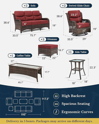 HILLGA Luxury Patio Furniture Set with 6-inch Thick Cushion, Outdoor Couch and High Back Swivel Rocker Patio Chairs, 8PCS Wicker Conversation Set for Deck Yard and Poolside, Burgundy (V2)