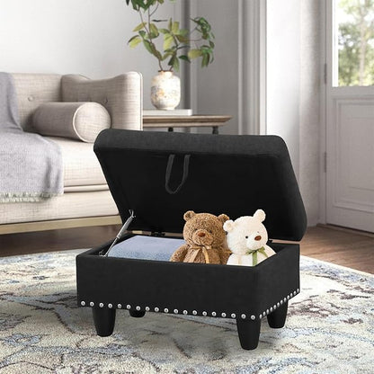 Linen Fabric Storage Ottoman with Nailhead Trim, 28.5"X19.5"X17.5" Footrest Stool, Hidden Storage Foot Stool for Living Room, Bedroom Furniture, Dark Grey