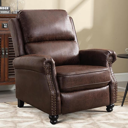 Push Back Recliner Chair Faux Leather Lounge Armchair with Rivet Decoration Wingback Single Sofa Chair with Padded Seat Solid Wood Legs for Living Room, Comfy Upholstered, Red Brown