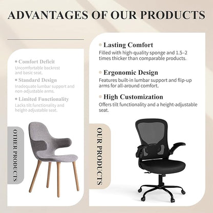Flysky Mesh Office Chair, Ergonomic Computer Desk Chairs for Home Office - with Comfy/Comfortable Flip-up Arm Rests, Lumbar Support, Height Adjustable, 360 Degree Rolling Swivel (Black)