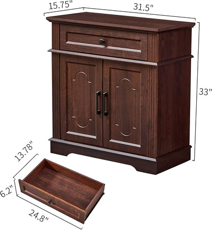 Farmhouse Storage Cabinet with 2 Doors and 1 Drawer, Adjustable Shelf, Freestanding Kitchen Pantry Cabinet, Modern Buffet Sideboard Coffee Bar Cabinet Living Room Bathroom Dining Room Cherry