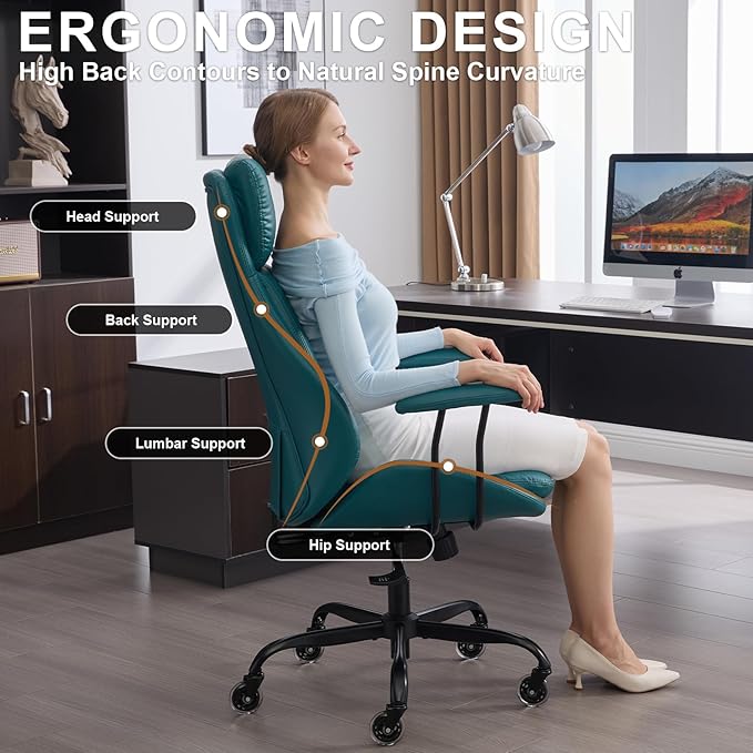 Home Office Desk Chair, PU Casters Ergonomic Computer Chair with Lumbar Support, Adjustable Height, 360°Rolling Swivel Chair, High Back Executive Task, Padded Armrests Chair, Green Leather