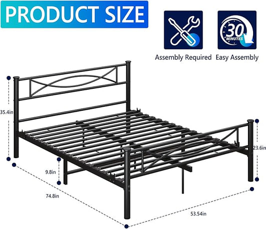 Metal Full Single Bed Frame with Storage Space, 74.8" in Steel Bed Frame with Protective Foot Pads, Strong Bearing Capacity Full Size Bed, Easy Assembly, Underbed Storage Space（35.4 inch）