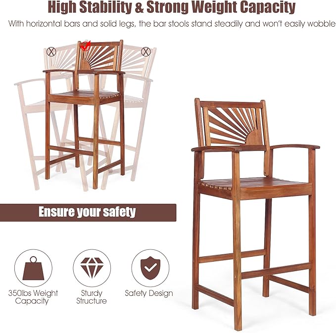 COSTWAY Bar Stools Set of 4, Outdoor Acacia Wood Bar Chairs with Sunflower Backrest, Curved Armrests & Breathable Seat, Ideal for Balcony, Sunroom, Patio, Easy Assembly
