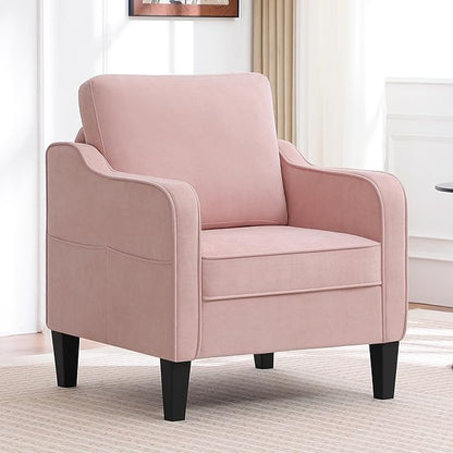 Accent Chair for Living Room, Mid Century Modern Reading Chair for Bedroom, Upholstered Armchair with Side Pockets, Comfy Single Sofa Side Chair for Office, Apartment, Small Room, Pink