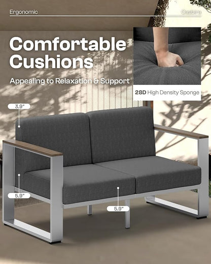 Aluminum Patio Furniture Set, 5 Seats Outdoor Patio Conversation Sets with Ergonomic Seat and Wide Washable Thick Cushions, Modern Outdoor Sectional Furniture for Balcony, Porch (Charocal)