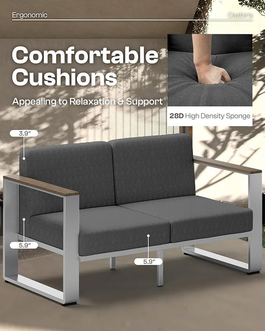 Aluminum Outdoor Furniture Set, 4 Seats Outdoor Patio Conversation Sets with Ergonomic Seat and Wide Washable Thick Cushions, Modern Patio Sectional Furniture for Balcony, Porch (Charocal)