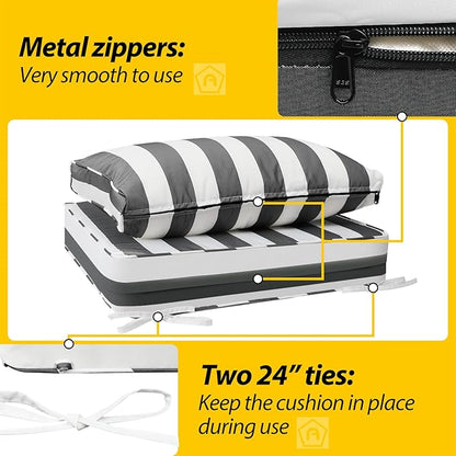AAAAAcessories Outdoor Deep Seat Cushions, Waterproof, Fade-Resistant Patio Furniture Replacement Cushions, 25.5" x 25.5" x 5" + 25.5" x 13.5", Set of 2, Gray Cabana Stripe
