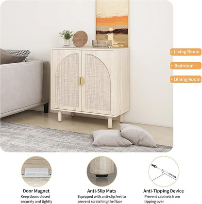 Beige Sideboard Cabinet with 2 Rattan Doors, Rattan Buffet Cabinet with Adjustable Shelves & Pine Legs, Boho Sideboard Buffet for Living Room, Kitchen, Entryway (Beige,1 PCS)