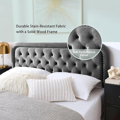 Tufted Upholstered Headboard,Button Solid Wood HeadBoards with Adjustable Height,Modern Performance Velvet Bed Head Boards,Easy Install&Nailhead (Grey, King)