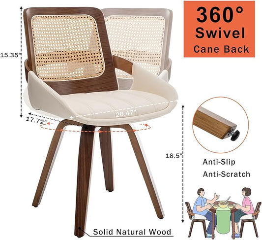 Set of 1 Swivel Rattan Dining Chair - Mid Century Modern Dining Chair with Bentwood Frame, Ergonomic Cane Back, Curved Arms, Faux Leather Swivel Chair for Kitchen/Restaurant (Walnut Beige, Set of 1)