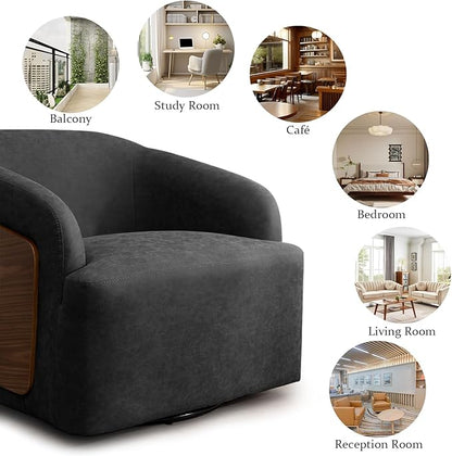 Swivel Accent Chair Faux Leather Swivel Barrel Chair Comfortable Mid Century Modern Chair Upholstered Metal Base Armchair for Living Room Bedroom Office Large Vintage Black