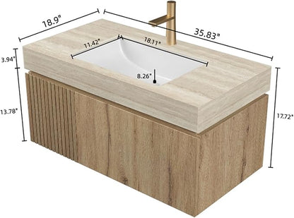 Bathroom Vanity with Sink 36 Inch, Floating Bathroom Vanity Sink Cabinet with Drawer and Door, Undermount Sink & Travertine-Pattern Sintered Stone Top, Pre-Assembled, White Oak