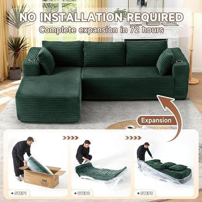 106" Cloud Couch Corduroy Modular Sectional Sofa L-Shape Boneless Couch with Wide Armrests and Cup Holders for Living Room Bedroom, No Assembly Required (Green)