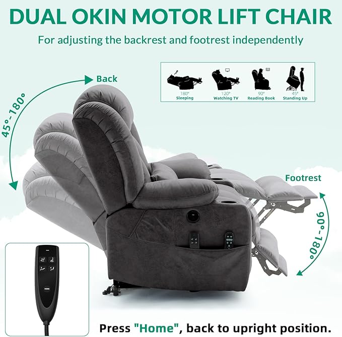 VIVIJASON Tall Man Dual Motor Power Lift Recliner Chair with Extended Footrest, Oversized Lay Flat Sleeper Electric Recliner W/Heat & Massage, Lumbar Pillow, USB & Type-C Ports, Infinite Position