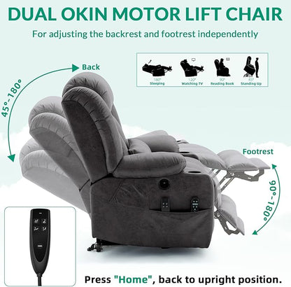 VIVIJASON Tall Man Dual Motor Power Lift Recliner Chair with Extended Footrest, Oversized Lay Flat Sleeper Electric Recliner W/Heat & Massage, Lumbar Pillow, USB & Type-C Ports, Infinite Position