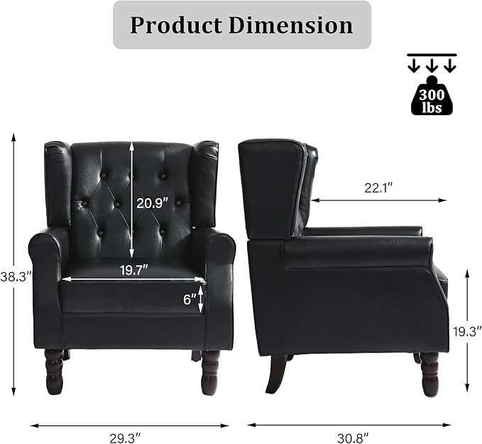 High Back Accent Chair, Faux Leather High Wingback Chair for Living Room, Button-Tufted Upholstered Armchair with Solid Wood Legs, Comfy Single Sofa Reading Chair for Bedroom, Black