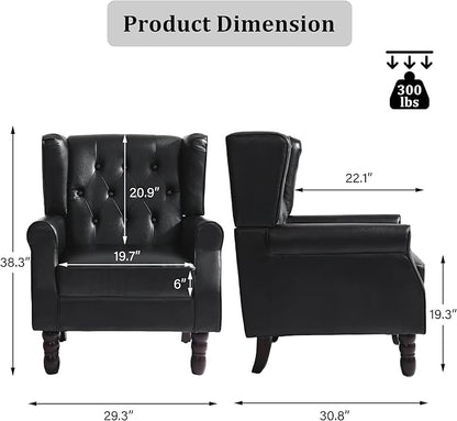 High Back Accent Chair, Faux Leather High Wingback Chair for Living Room, Button-Tufted Upholstered Armchair with Solid Wood Legs, Comfy Single Sofa Reading Chair for Bedroom, Black