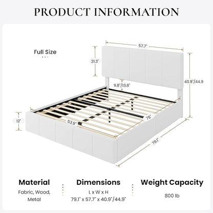 SHA CERLIN Full Size Bed Frame, Velvet Upholstered Platform Bed, Vertical Channel Tufted Adjustable Headboard, Low Profile Bed Frame, No Box Spring Needed, Easy Assembly, White