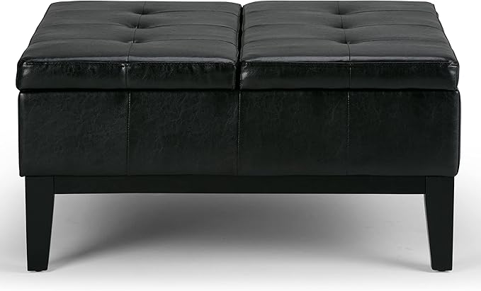 SIMPLIHOME Dover 36 inch Wide Contemporary Square Coffee Table Storage Ottoman in Midnight Black Vegan Faux Leather, Assembled, For the Living Room and Bedroom