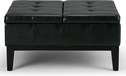 SIMPLIHOME Dover 36 inch Wide Contemporary Square Coffee Table Storage Ottoman in Midnight Black Vegan Faux Leather, Assembled, For the Living Room and Bedroom