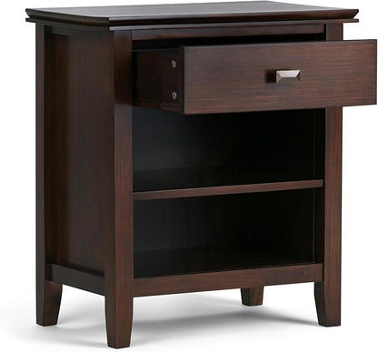 SIMPLIHOME Artisan Bedside Table - 24 inch Wide Solid Wood Nightstand Table in Russet Brown, Contemporary Bedroom Side or End Table with 1 Drawer, Open Shelf Storage and Bronze Knobs