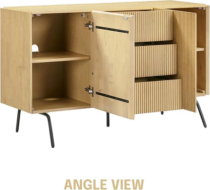 NTC Veil Sideboard with 2 Doors and 3 Drawers, Buffet Cabinet with Vertical Groove Design and Metal Legs, Storage Cabinet for Living Room, and Entryway, Effortless Assembly, Sand