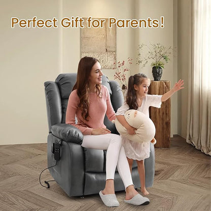 TEKAMON Power Lift Recliner Chair for Elderly with Heat & Massage, Dual Motor Breathable Leather Recliner, Lay Flat Sleeping Chairs with Infinite Position, RemoteControl(Silver Grey, Extended)