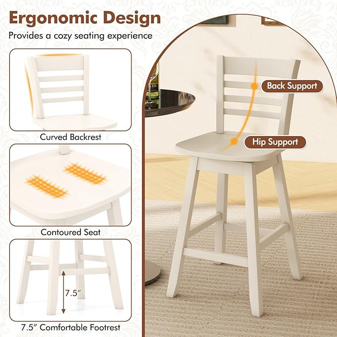 COSTWAY Bar Stools Set of 2, 24.5 Inch Swivel Counter Height Bar Chairs with Hollow Backrest & Contoured Seat, with Footrest for Kitchen Island, Pub, Bistro, Cafe (2, Cream)