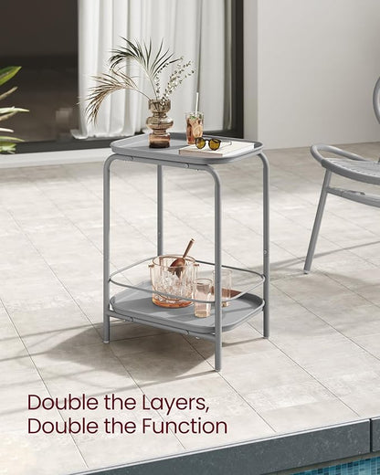 VASAGLE 2-Tier Outdoor Table, Small Side End Table with Tray Storage, Bedside Nightstand for Living Room, Bedroom, Modern Style, Dove Gray ULET243G01