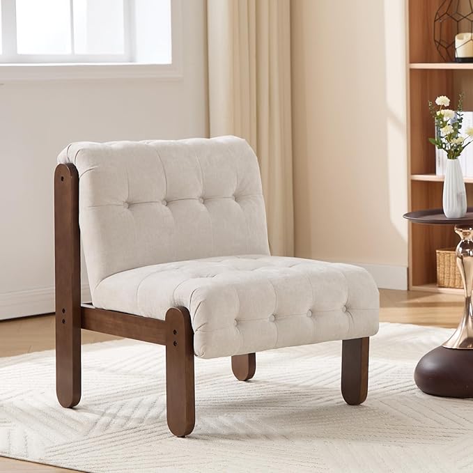 HEAH-YO Accent Chair Set of 1,Modern Vintage Living Room Chair for Bedroom with Button Tufted Back and Wood Legs,Upholstered Comfy Reading Chair for Makeup Vanity Cafe,Chenille Beige