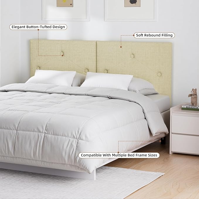 Upholstered King Size Headboard, Linen Fabric Headboard with Solid Wood & Sturdy Metal Legs, Adjustable Height Bed Headboards King Tufted in Modern Button Design, Linen