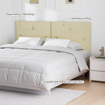 Upholstered King Size Headboard, Linen Fabric Headboard with Solid Wood & Sturdy Metal Legs, Adjustable Height Bed Headboards King Tufted in Modern Button Design, Linen