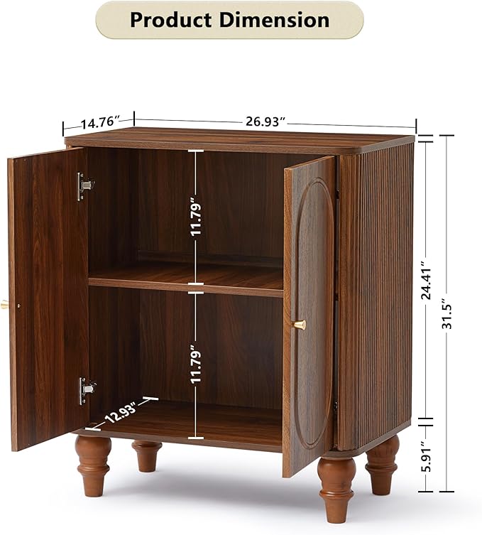 ORRD Fluted Storage Cabinet, Modern Credenza Wooden Accent Sideboard Buffet Cabinet with Adjustable Shelves and Solid Wood Legs, Console Table for Kitchen Dining Living Room Entryway, Walnut