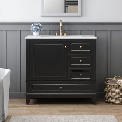 36 Inch Bathroom Vanity with Sink Set, Undermount Vanity Sink Cabinet with 3 Drawers and Door Storage, Soft Closing Door, Wood Frame, Black