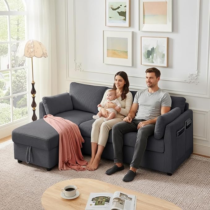 79" L Shaped Couch with Storage Ottoman, 3 Seater Corduroy Sofa with 2 Pillows and Storage Pockets, Small Modern Couches for Living Room, Apartment, Small Spaces, Home Office, Grey