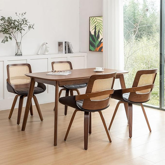 Set of 4 Mid Century Modern Chairs - Swivel Retro Walnut Dining Chairs with Ergonomic Cane Back, Curved Arms, Faux Leather Dining Chairs for Restaurant/Kitchen/Living Room (Walnut Brown)