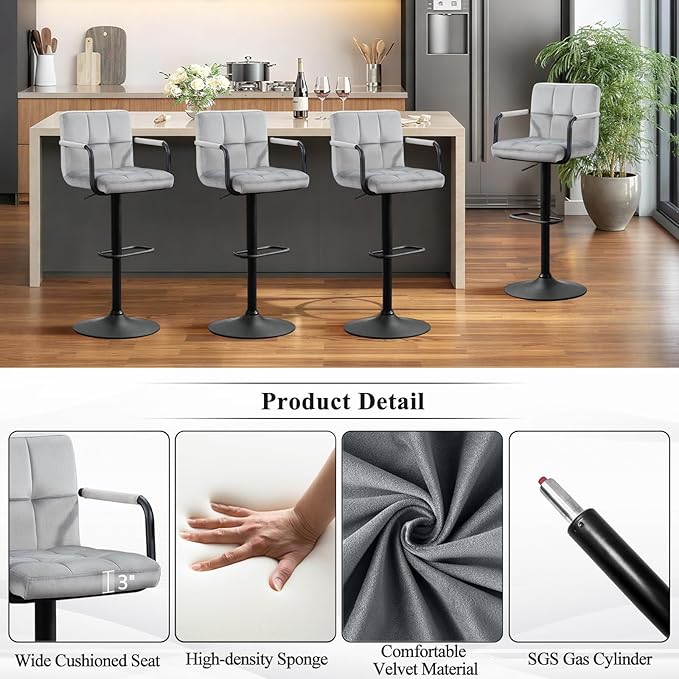 Furniliving Bar Stools Set of 2 with Armrest, Adjustable Square Velvet Barstools for Kitchen Counter, 360°Swivel Counter Barstools for Dining Room(Grey)