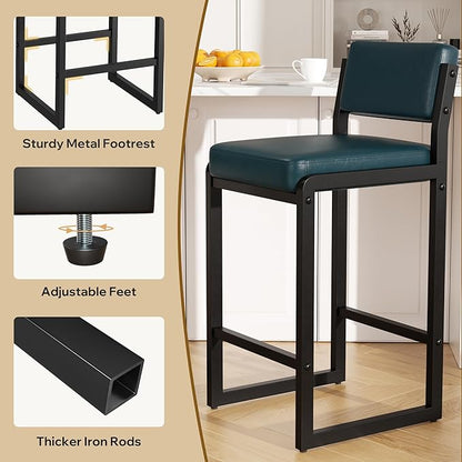Bar Stools Set of 3, Faux Leather Counter Height Bar Stools with High Back and Metal Legs, Upholstered Bar Chairs, 26" Modern Barstools for Kitchen Island, Dark Blue