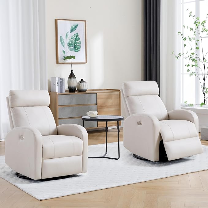 Power Swivel Rocker Recliner, Faux Leather Rocking Recliner Chair with USB Port, Swivel Glider Reclining Chair Nursery Recliners for Living Room, Beige