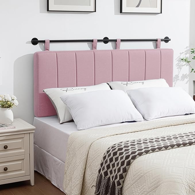 UEV Queen Headboard Only, Wall Mounted Hanging Upholstered Bed Head Board, Modern Vertical Channel Design of Fine Linen, Elegant Pink Fluted Headboard for Bedroom (Pink, Queen Size)