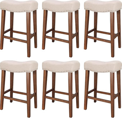 PrimeZone Counter Height Bar Stools Set of 6 - Backless Saddle Barstools with 4.3" Thick Upholstered, Nailhead Trim Linen Fabric & Solid Wood Legs, 26 Inch Counter Stools for Kitchen Island, Beige